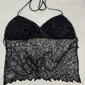 Black spaghetti strap, backless lace, sequin & beads, party/crop, cami , bra top